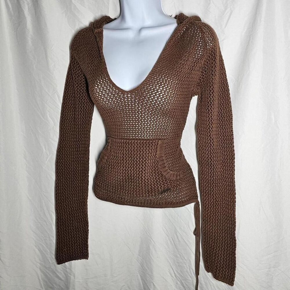 vintage y2k brown knit 100% cotton hooded beachy sweater